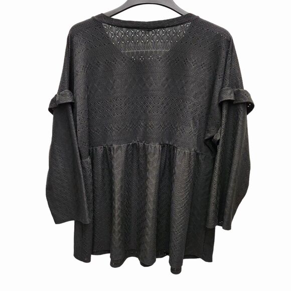 CHICSOUL Eyelet Babydoll Shirt Womens 3X Black 3/4 Sleeves Ruffles Pullover USA - Picture 3 of 8